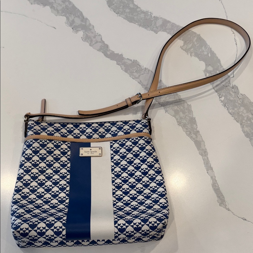 kate spade Navy and White Patterned Crossbody Bag with Tan Strap- like new!!